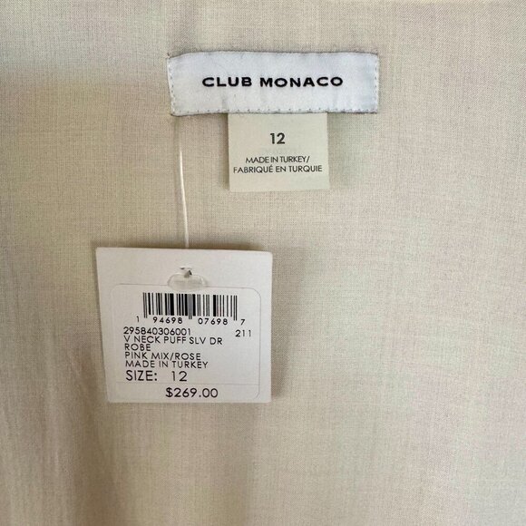 Club Monaco Pink Cream Check Print Puff Sleeve Shark Bite Hem Midi Dress Size 12 - Picture 12 of 16